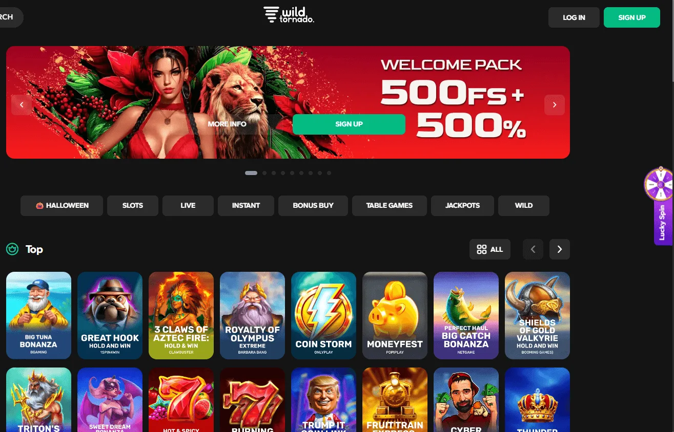 Wild Tornado Casino home page on desktop