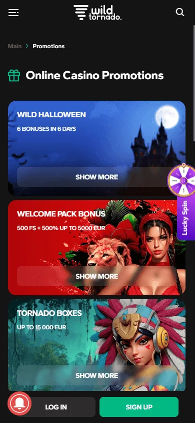 Wild Tornado Casino promotions area on a mobile device
