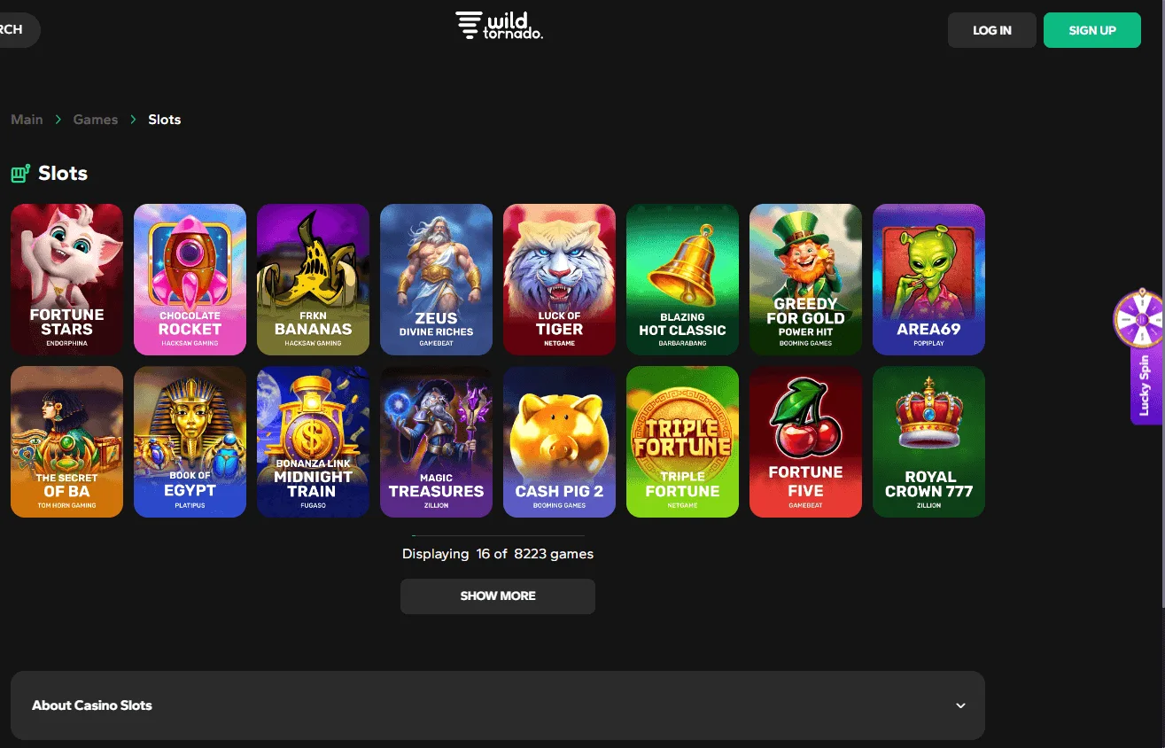 Wild Tornado Casino games area on desktop