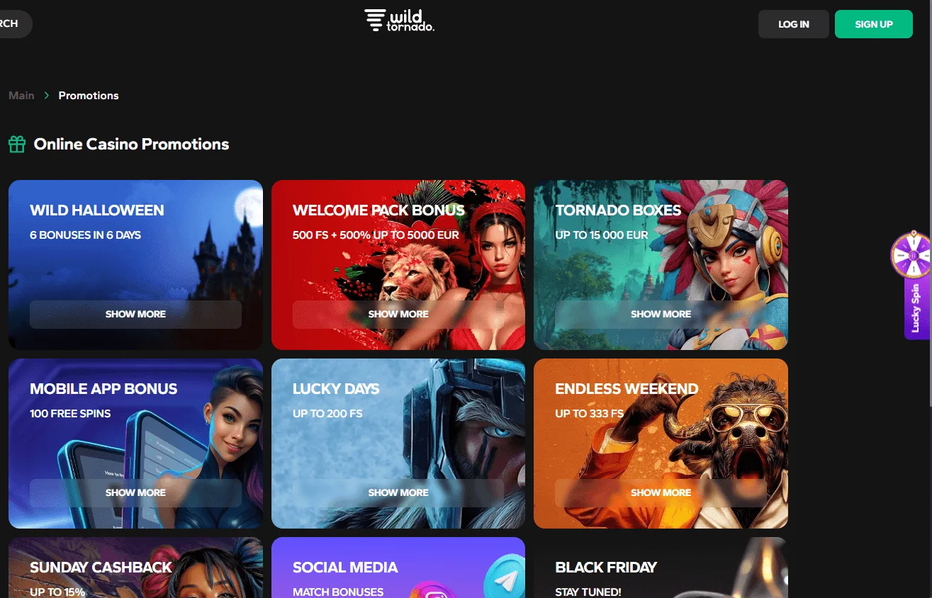 Wild Tornado Casino promotions area on desktop