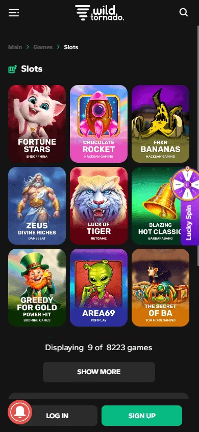 Wild Tornado Casino games area on a mobile device